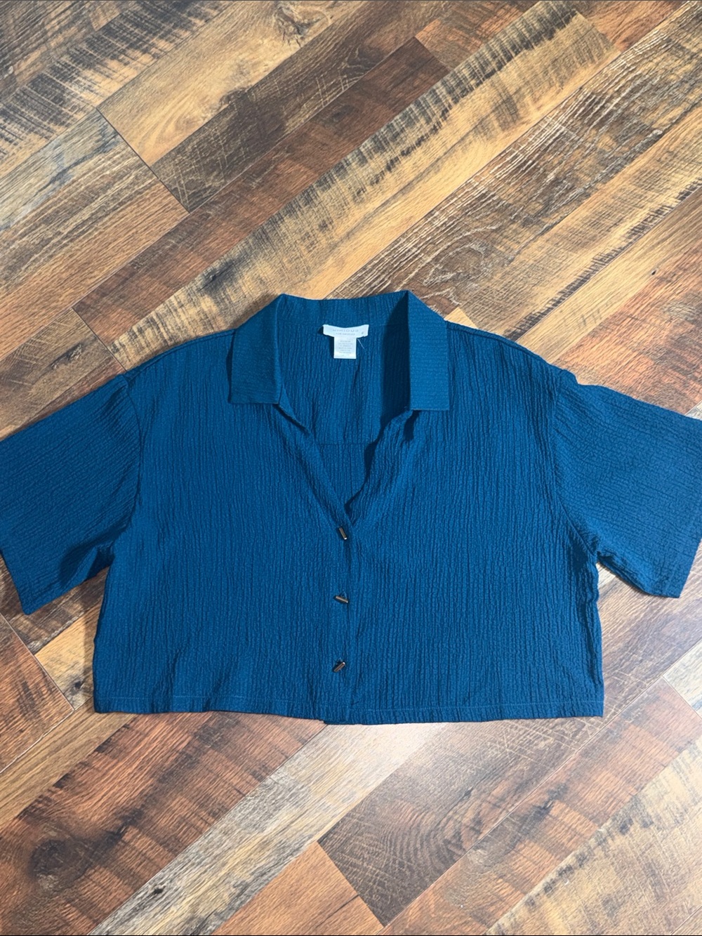 Kirious Los Angeles Textured Cropped Button Front Blouse Teal Size Medium